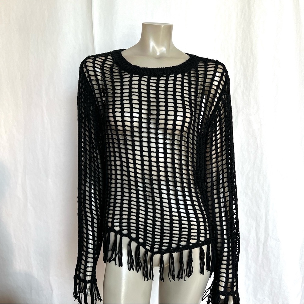 Black Open-Knit Fringe Sweater